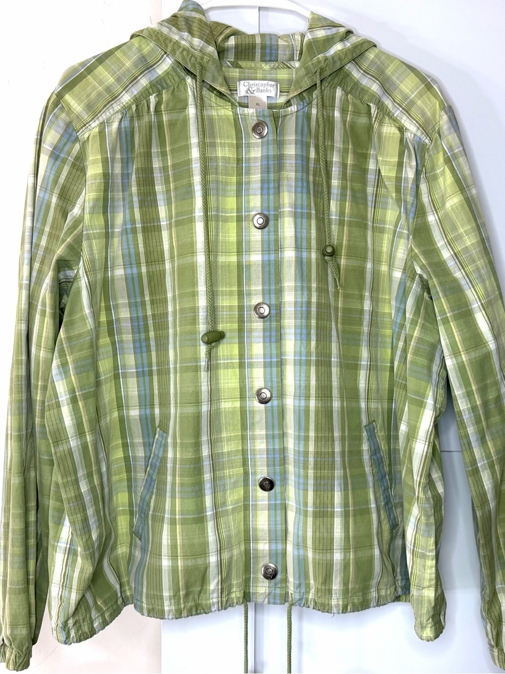 Christopher & Banks Green Plaid Cotton Lightweight Hooded Jacket